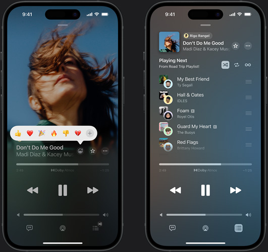 iPhone on left showing Don't Do Me Good by Madi Diaz and Kacey Musgraves playing on screen with reaction emoji prompt showing options to thumbs up, heart, celebrate, thumbs down or add another reaction, iPhone on right showing Collaborative playlist called Road Trip Playlist with multiple songs added by other contributors
