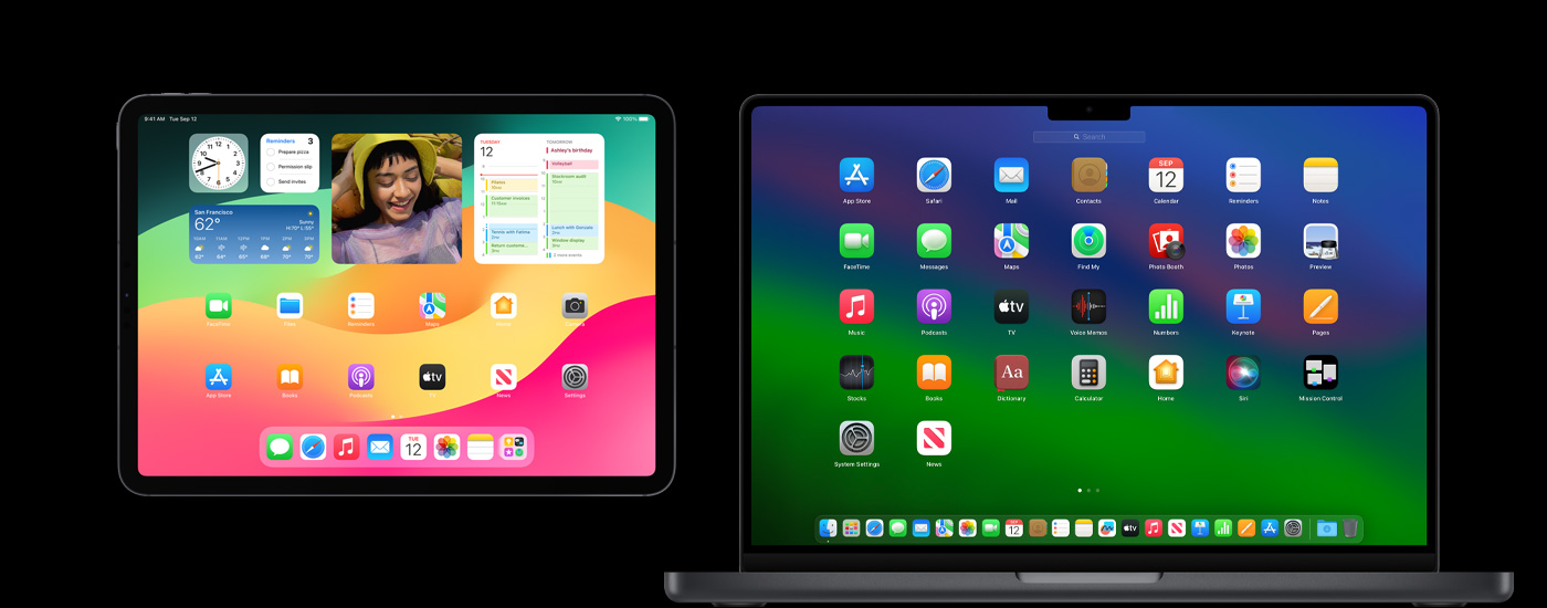 An iPad and a Mac displaying various app icons. The iPad shows several widgets, including Calendar, Weather and Photos.