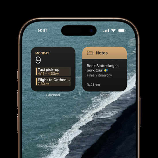 An iPhone 16 Pro personalised with Calendar and Notes pop-ups on the top of the Home Screen