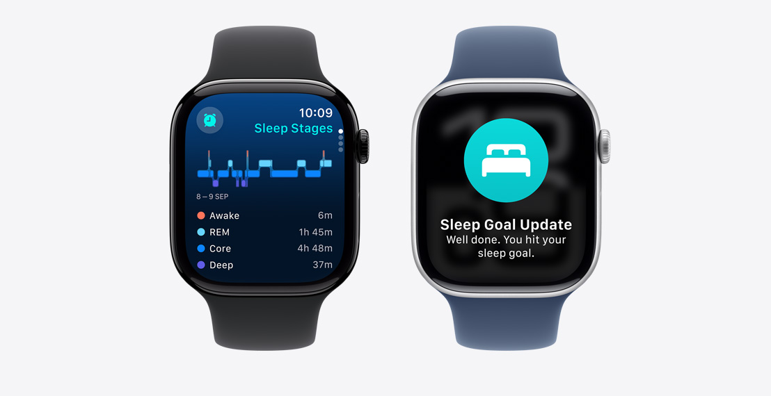 Two Apple Watch Series 10. The first shows Sleep Stages data. The second shows a Sleep Goal notification.