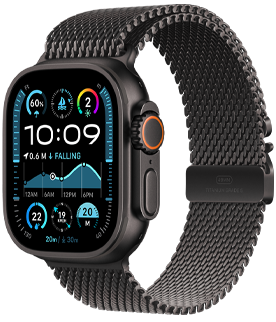 Apple Watch Ultra 2 with a black titanium case and Black Trail Loop band.