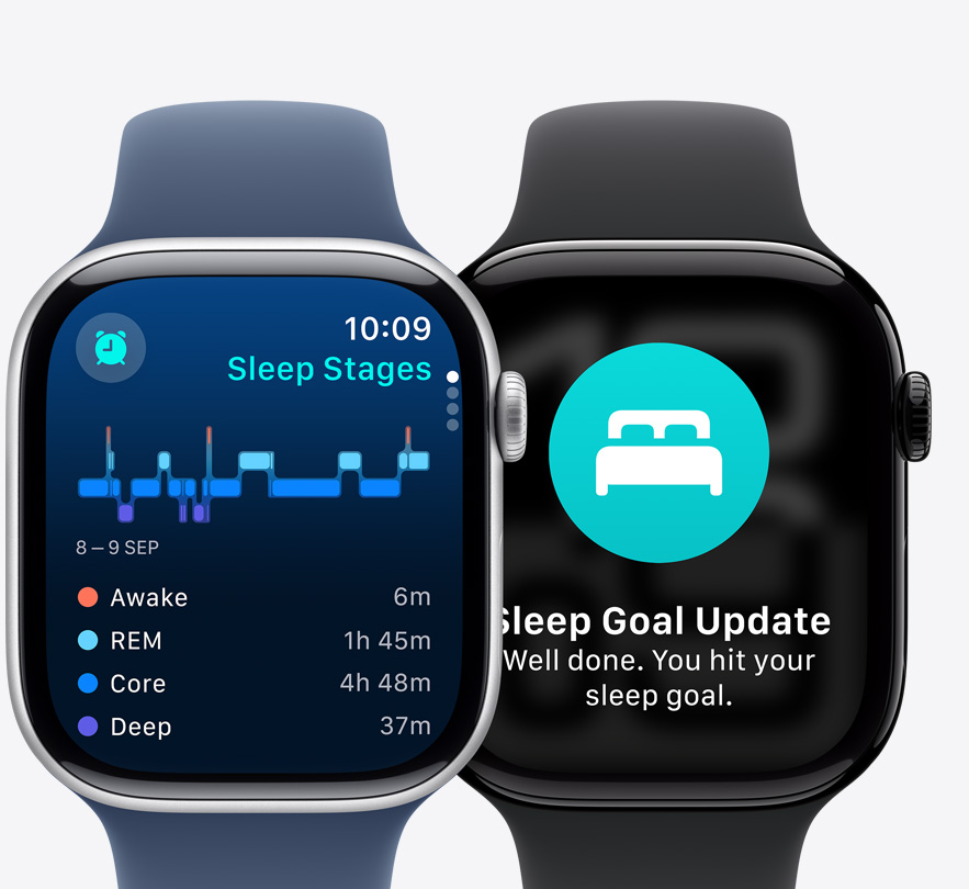 Front view of two Apple Watch Series 10 showing a Sleep Stages screen.