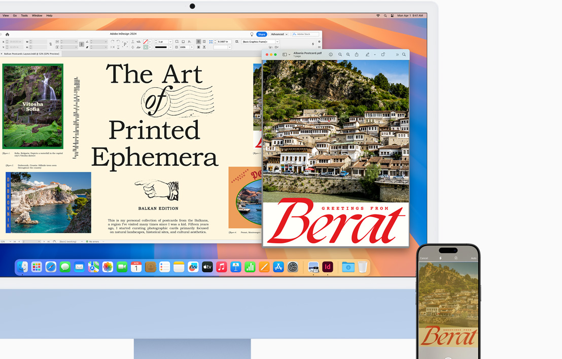 Син iMac с iPhone до него, на които се демонстрира илюстриран документ и на двете устройства чрез функцията Handoff.