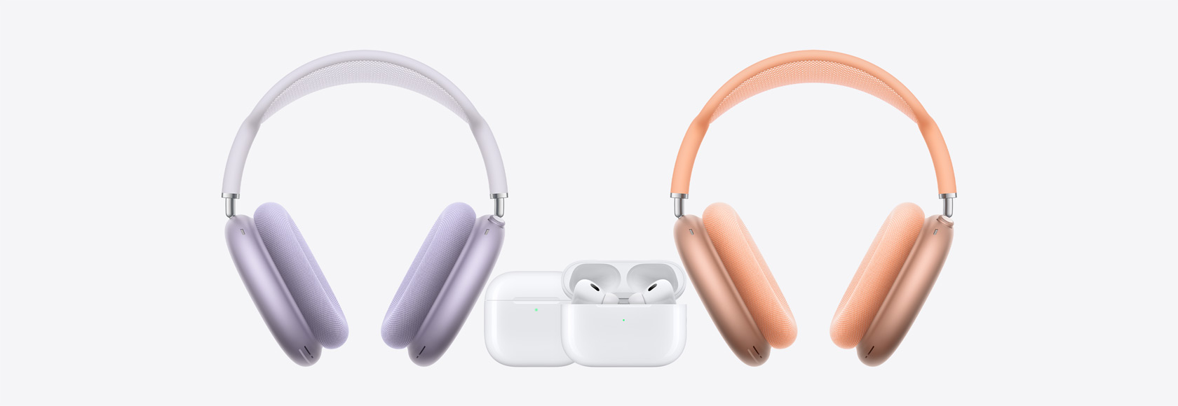 AirPods Max вляво и вдясно с AirPods 4 и AirPods Pro 2 по средата.