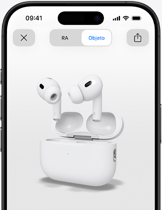 Tela do iPhone mostrando renderização dos AirPods Pro em realidade aumentada.