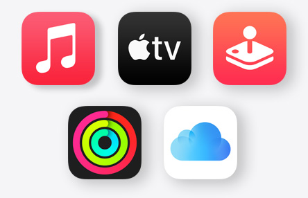 Ícones do Apple Music, Apple TV, Apple Arcade, Apple Fitness+ e app iCloud.