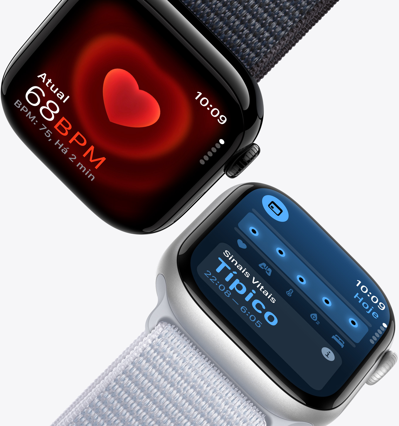 Um Apple Watch Series 10 com o app Batimentos mostrando a medição atual de 68 BPM e outro Apple Watch Series 10 com o app Sinais Vitais mostrando as métricas noturnas.