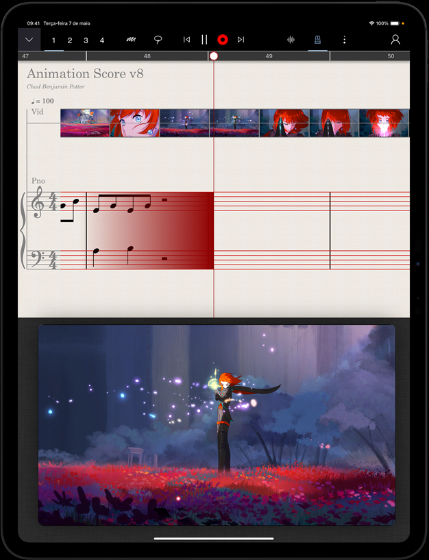 iPad Pro na vertical, com uma animação na metade inferior, e a música composta para acompanhar essa animação aparece na metade superior.