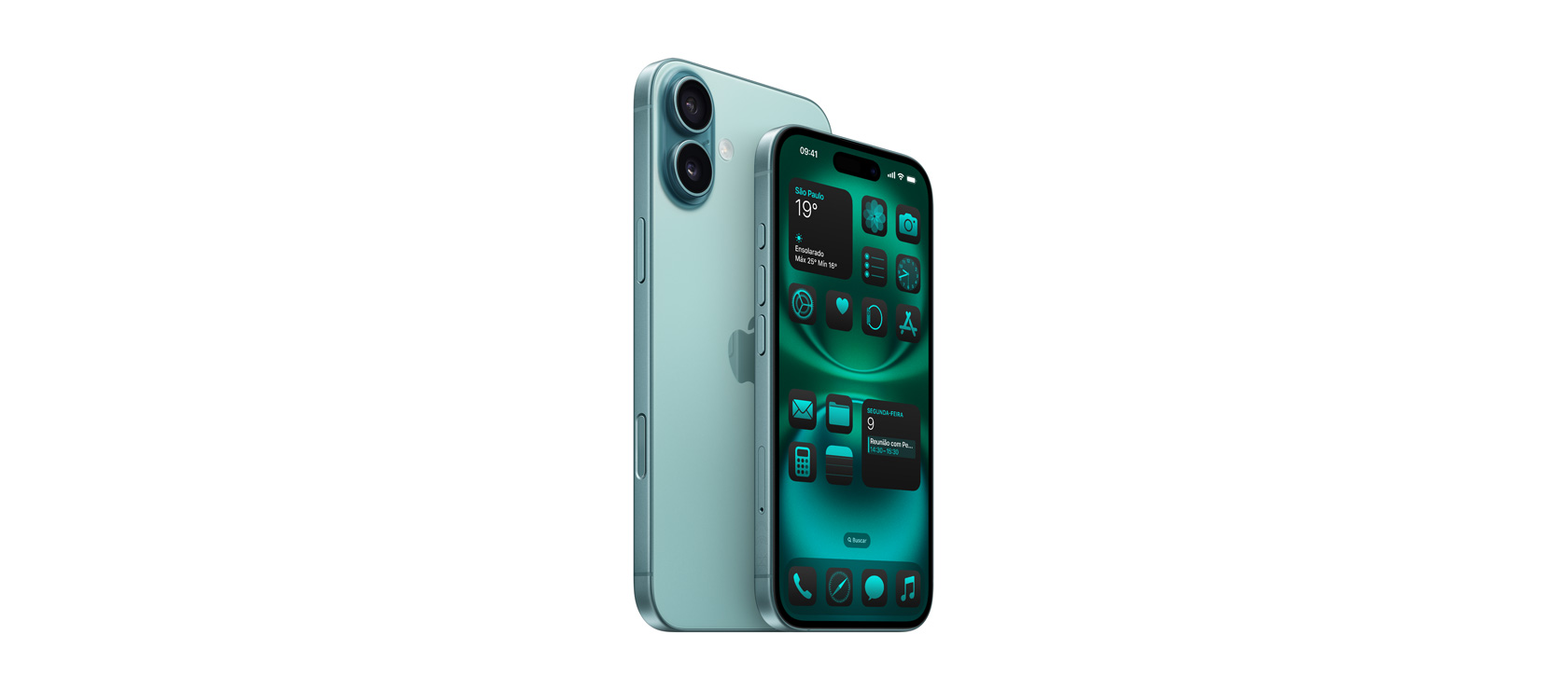 iPhone 16 Plus de 6,7 polegadas e iPhone 16 de 6,1 polegadas em verde-acinzentado