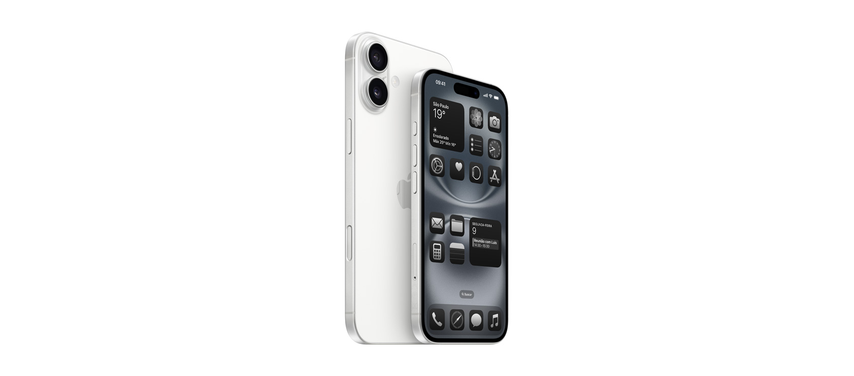 iPhone 16 Plus de 6,7 polegadas e iPhone 16 de 6,1 polegadas em branco