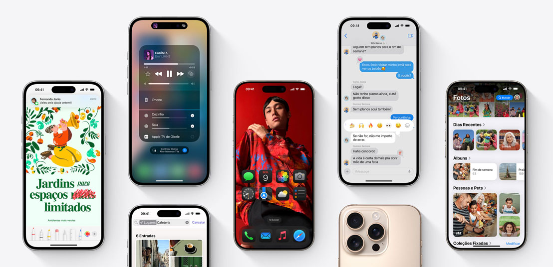 Telas do iPhone 16 com vários recursos do iOS 18