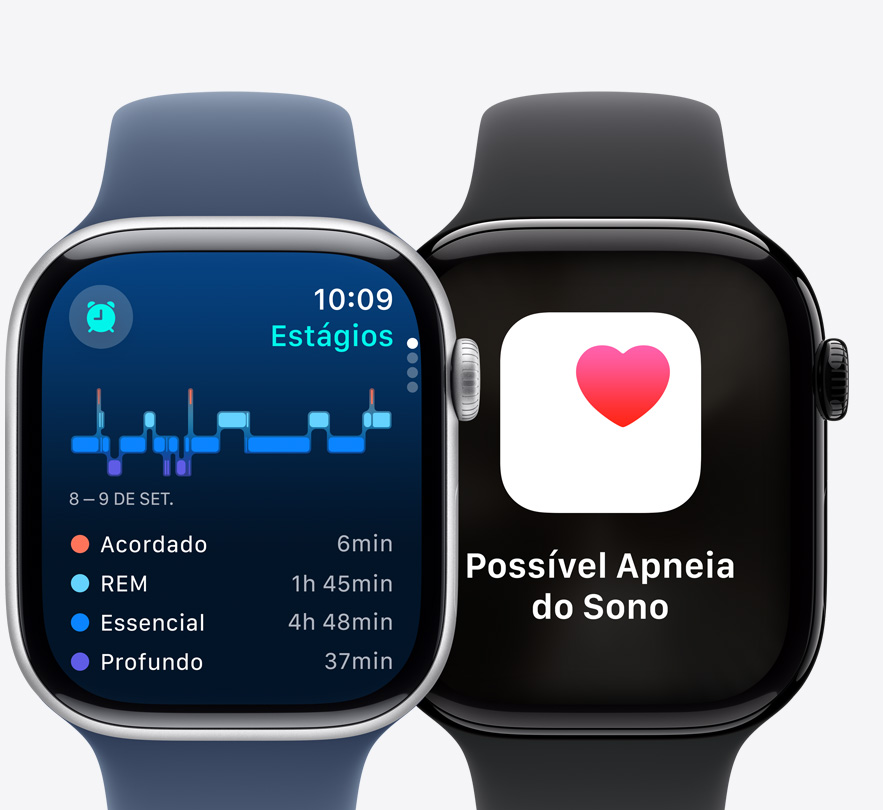 As telas de dois aparelhos Apple Watch Series 10 mostram dados de Estágios do Sono e uma notificação de Possível Apneia do Sono.