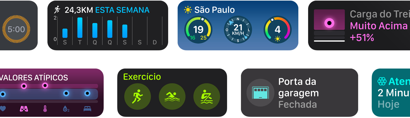 Uma seleção de novos widgets de apps para watchOS.