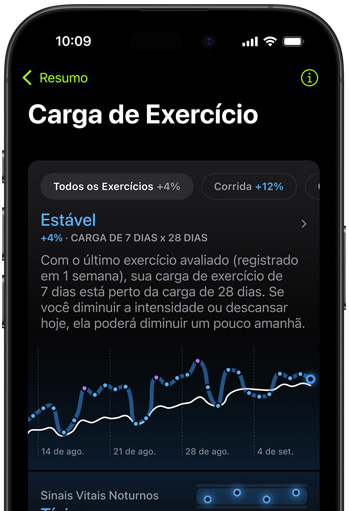 Tela de um iPhone mostra métricas da carga de exercício do último treino avaliado. 