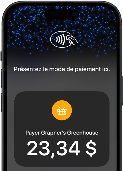 Gros plan sur l’écran d’un iPhone affichant l’icône de paiement sans contact et les renseignements de la transaction.