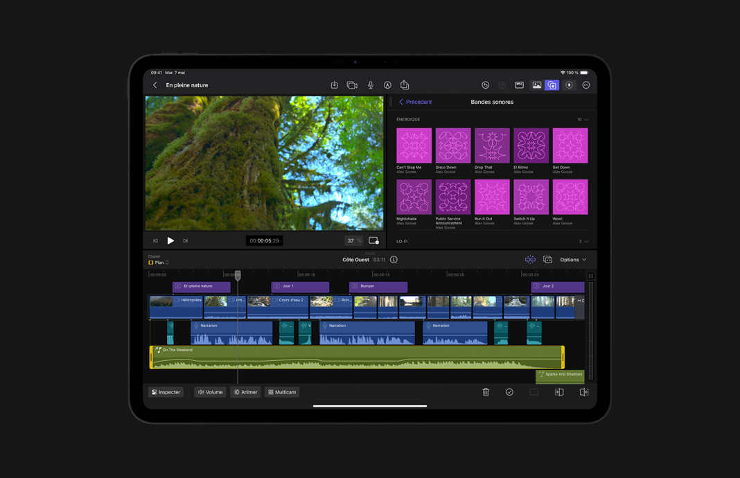 Gros plan sur un iPad Pro montrant la timeline audio dans Final Cut Pro pour iPad.