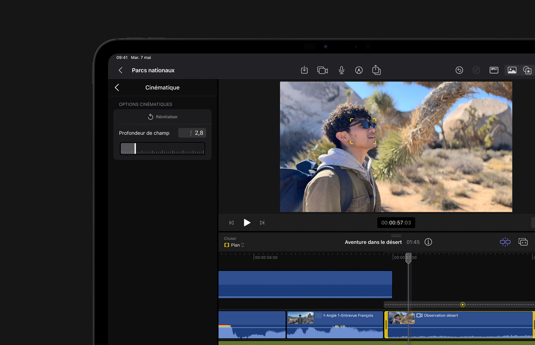 Montage dans Final Cut Pro pour iPad d’images tournées en mode Cinématographique sur iPhone et montrant un jeune homme à l’avant-plan.