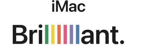 Sept iMac de différentes couleurs (vert, jaune, orange, rose, violet, bleu et argent) présentés en éventail.