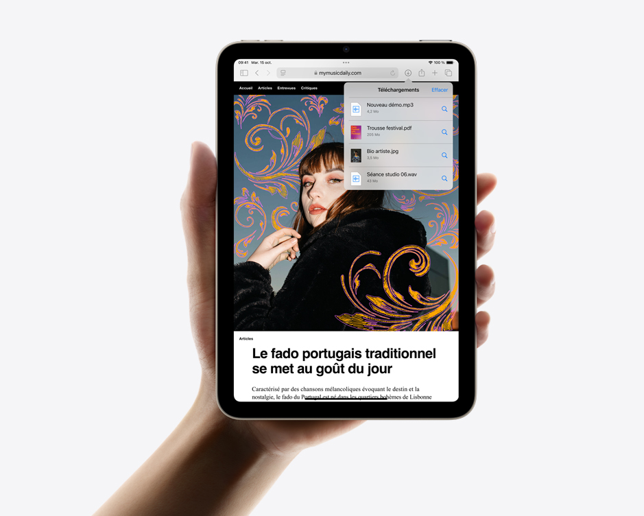 Un iPad mini tenu d’une main en orientation portrait et affichant des téléchargements dans Safari.