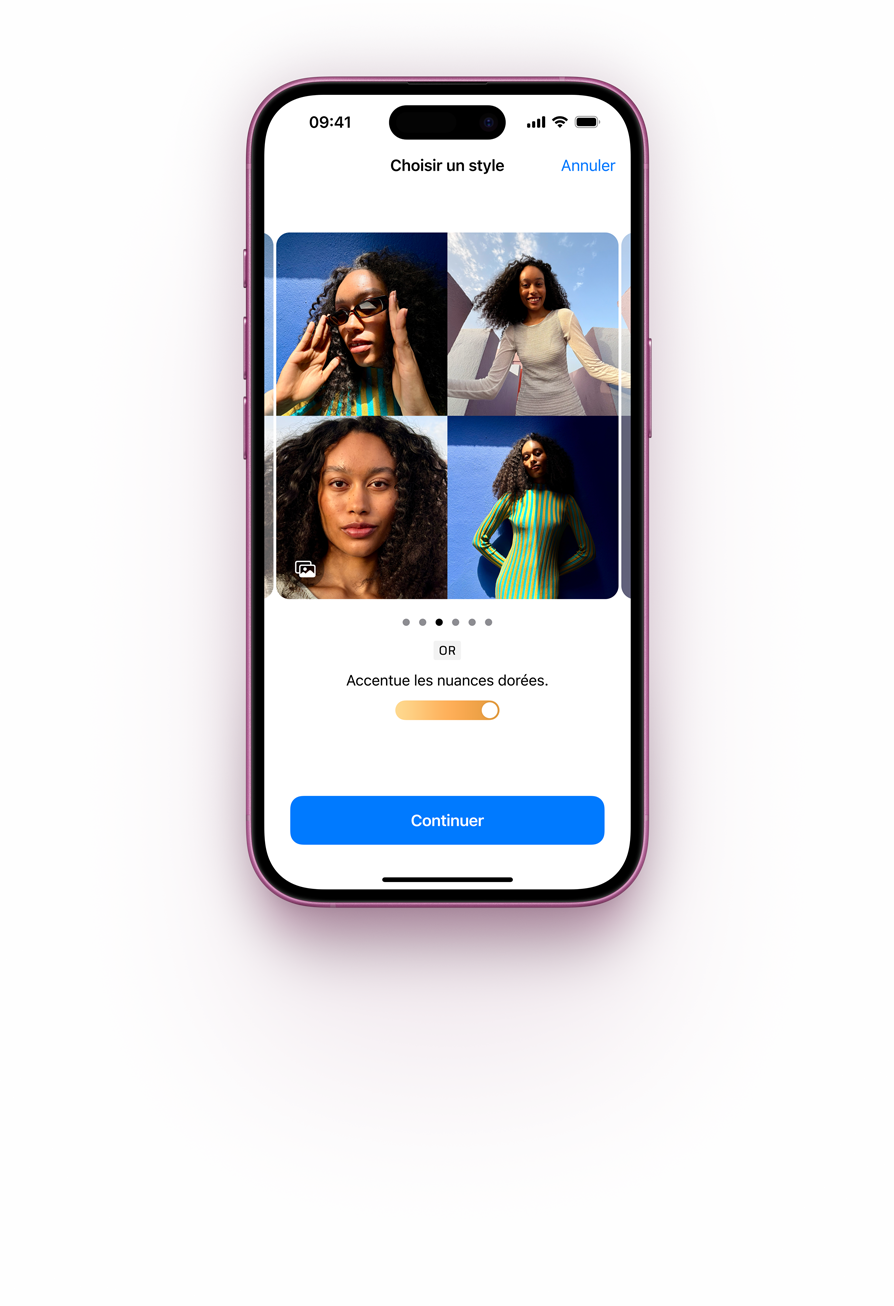 Quatre options de styles photographiques affichés sur un iPhone 16 rose