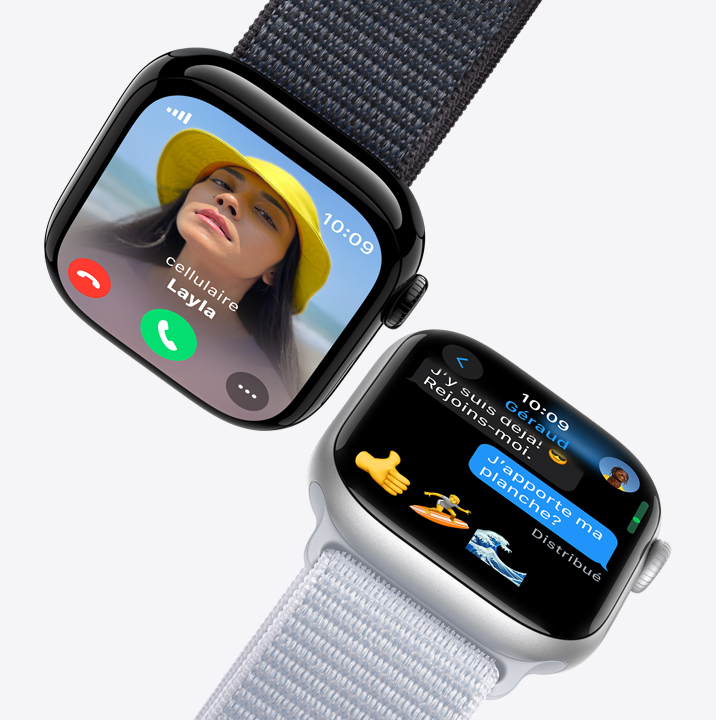 Image montrant deux Apple Watch. La première affiche un appel entrant, et la deuxième un message texte.