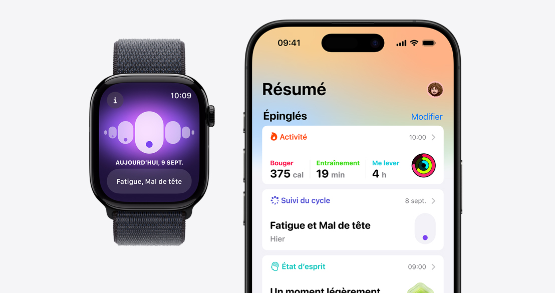 L’app Suivi du cycle sur une Apple Watch Series 10, placée à côté d’un iPhone 16 Pro où l’app Santé affiche des données de suivi du cycle