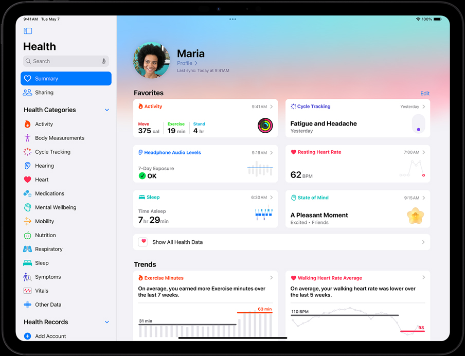 iPad Pro in landscape orientation, screen displaying user's Health app summary