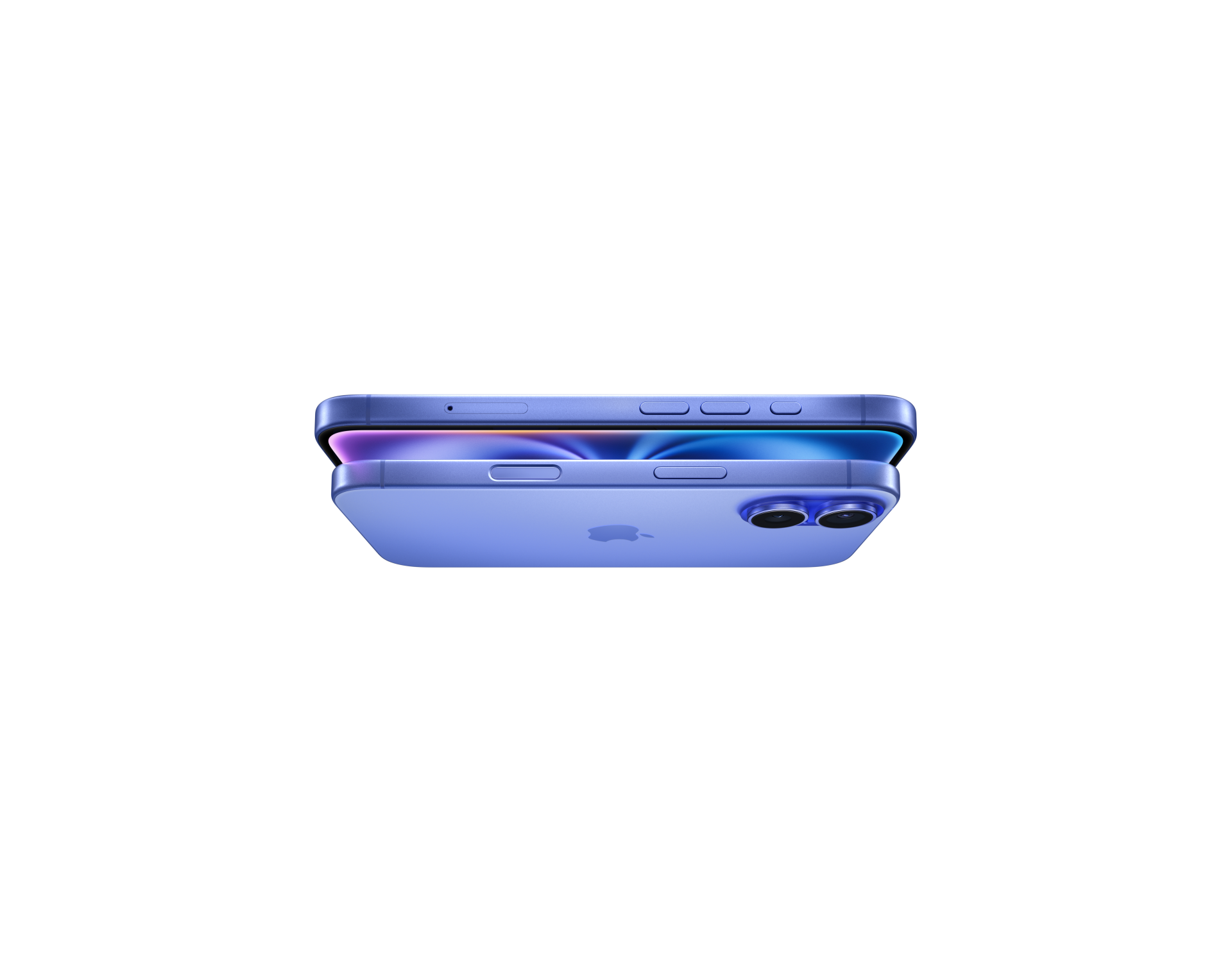 Animation of iPhone 16 models in Pink, Teal, and Ultramarine, ending with two iPhone 16 models in Ultramarine, side exterior, side button, raised dual camera system.