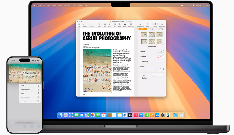 Une image copiée sur l’iPhone 15 est collée dans un document Pages sur un MacBook Pro.