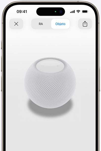 Un HomePod mini blanco en la pantalla de un iPhone con realidad aumentada.