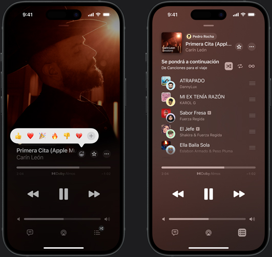 Un iPhone a la izquierda muestra en la pantalla que se está reproduciendo la canción “Primera cita” de Carín León y diferentes opciones de emojis para reaccionar: pulgar hacia arriba, corazón, celebrar, pulgar hacia abajo y el signo más para agregar otra reacción. Un iPhone a la derecha muestra una playlist colaborativa llamada Canciones para el viaje con varias canciones agregadas por otras personas