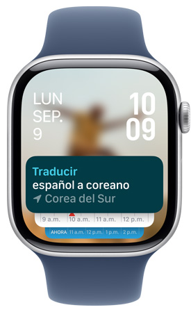 Un Apple Watch muestra el widget de la app Traducir en Pila Inteligente