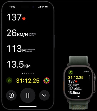 Živá aktivita se zobrazením cyklistických ukazatelů na Apple Watch Ultra 2 i na iPhonu.