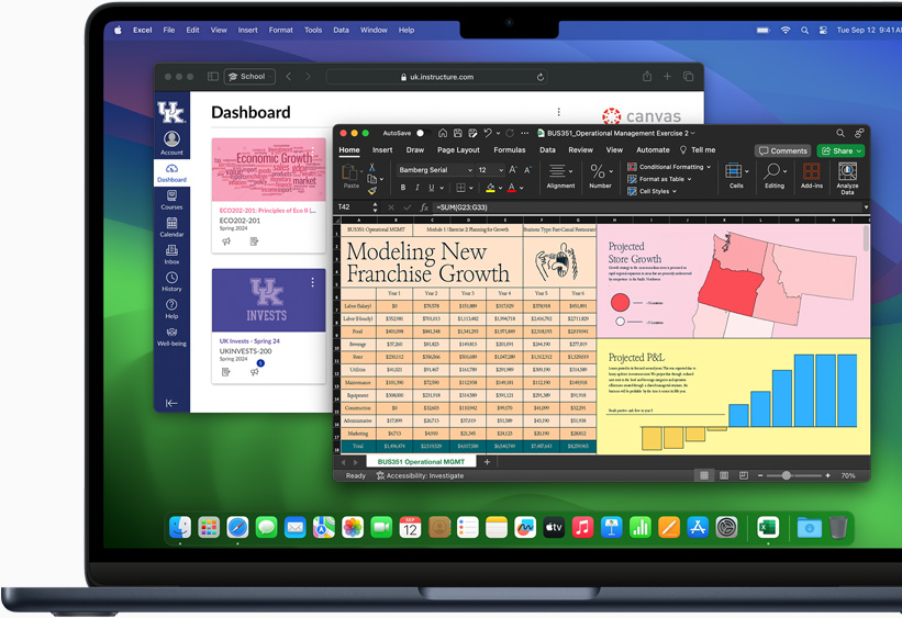 Aplikace Microsoft Excel a Canvas LMS otevřené na MacBooku Air