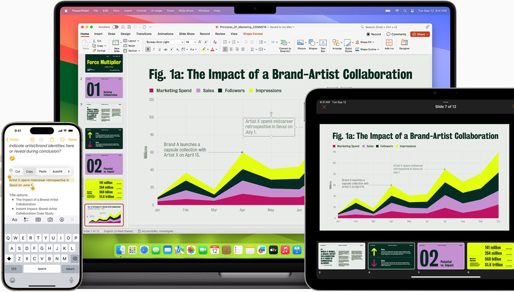 Aplikace Poznámky a Microsoft PowerPoint otevřené na iPhonu, MacBooku a iPadu