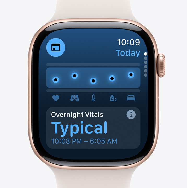 Aplikace Životní funkce na Apple Watch Series 10, kde jsou vidět typická data nashromážděná za noc.