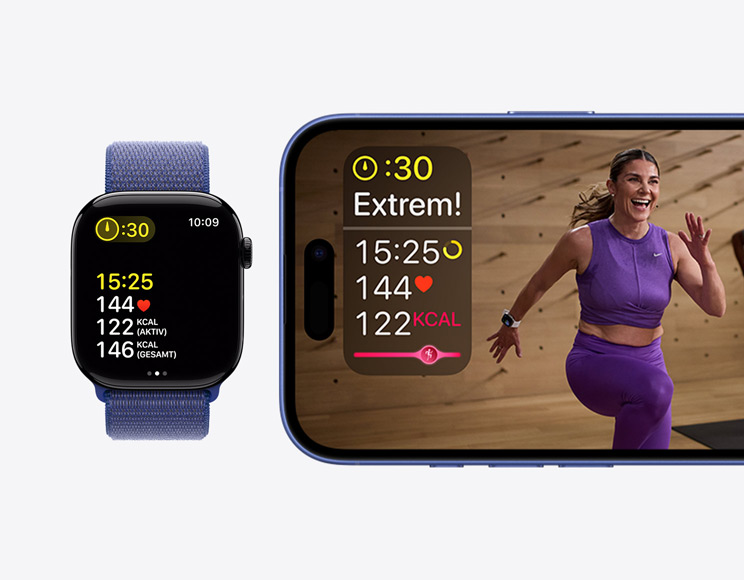 Ein Apple Fitness+ Training mit Messwerten zu Dauer, Herzfrequenz und verbrannten Kalorien auf einem iPhone neben einem Apple Fitness+ Workout, das die gleichen Messwerte auf einer Apple Watch Series 10 zeigt.