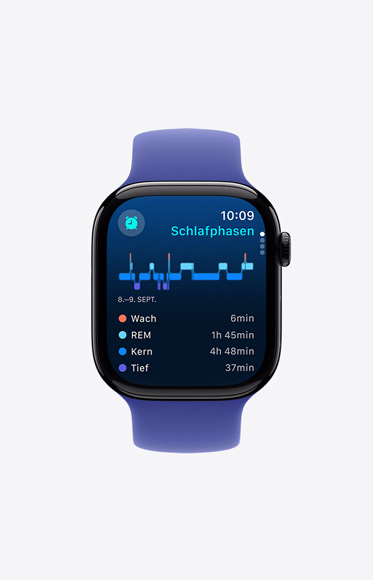 Die Schlafphasen in der Schlaf App zeigen, wie viel Zeit jemand wach und im REM‑, Kern‑ oder Tiefschlaf verbracht hat.