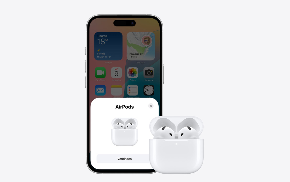 AirPods und iPhone, dessen Display zeigt, dass die beiden verbunden sind.