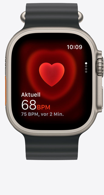 Vorderansicht der Apple Watch Ultra 2 mit der Herzfrequenz App, die eine aktuelle Herzfrequenz von 68 Schlägen pro Minute zeigt.