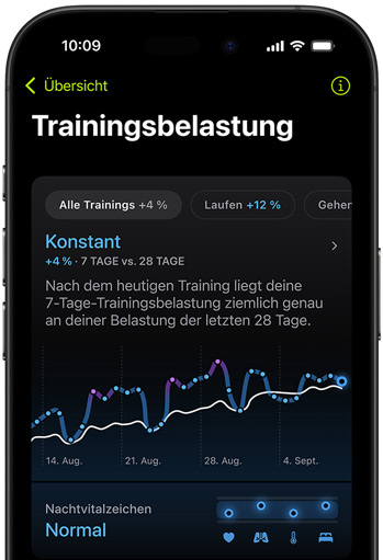 Ein iPhone Display mit Messwerten zur Trainingsbelastung aus dem letzten bewerteten Training. 