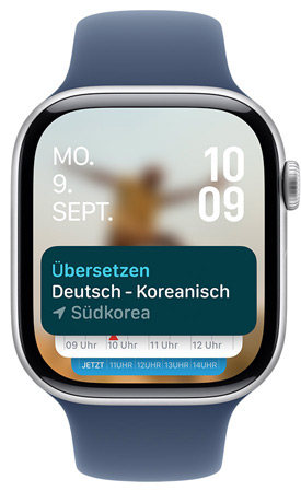 Ein Apple Watch Display mit dem Übersetzen App Widget im Smart Stapel.