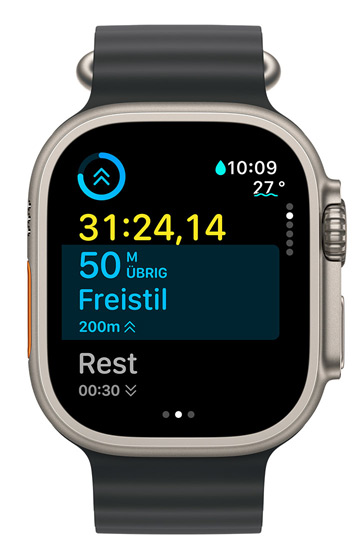Ein Apple Watch Ultra Display zeigt die Zeit des aktuellen Intervalls und gibt an, was beim benutzerdefinierten Training noch ansteht