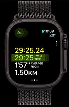 Apple Watch Ultra 2 kuvab ujumise kestust, tempot ja distantsi funktsiooni Multisport osana.