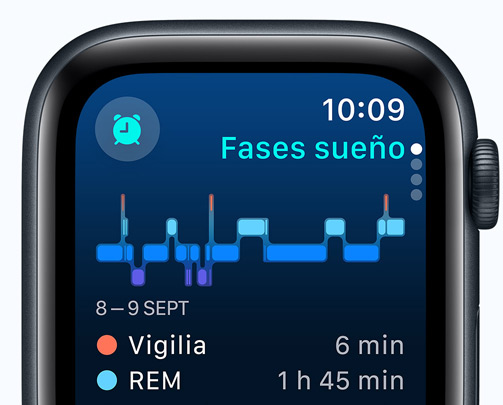 Pantalla de la app Sueño con las fases del sueño, los minutos despierto y los minutos en fase REM