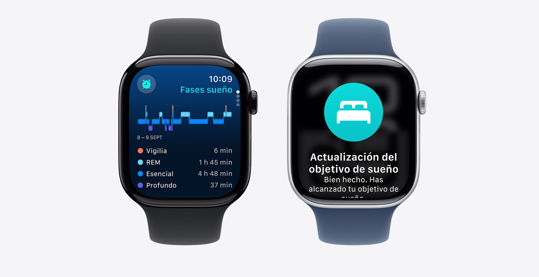 Dos modelos de Apple Watch Series 10, uno con datos de las fases de sueño y otro con una notificación de posible apnea del sueño.