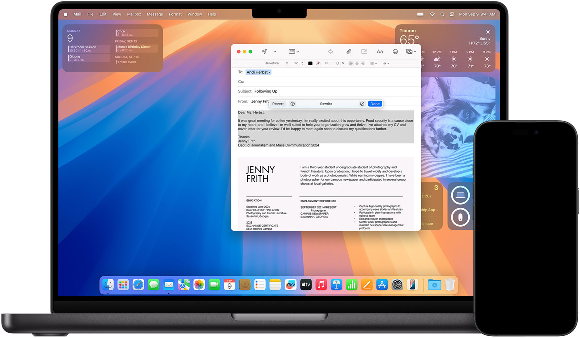 Un iPhone et un Mac affichant des outils d’écriture