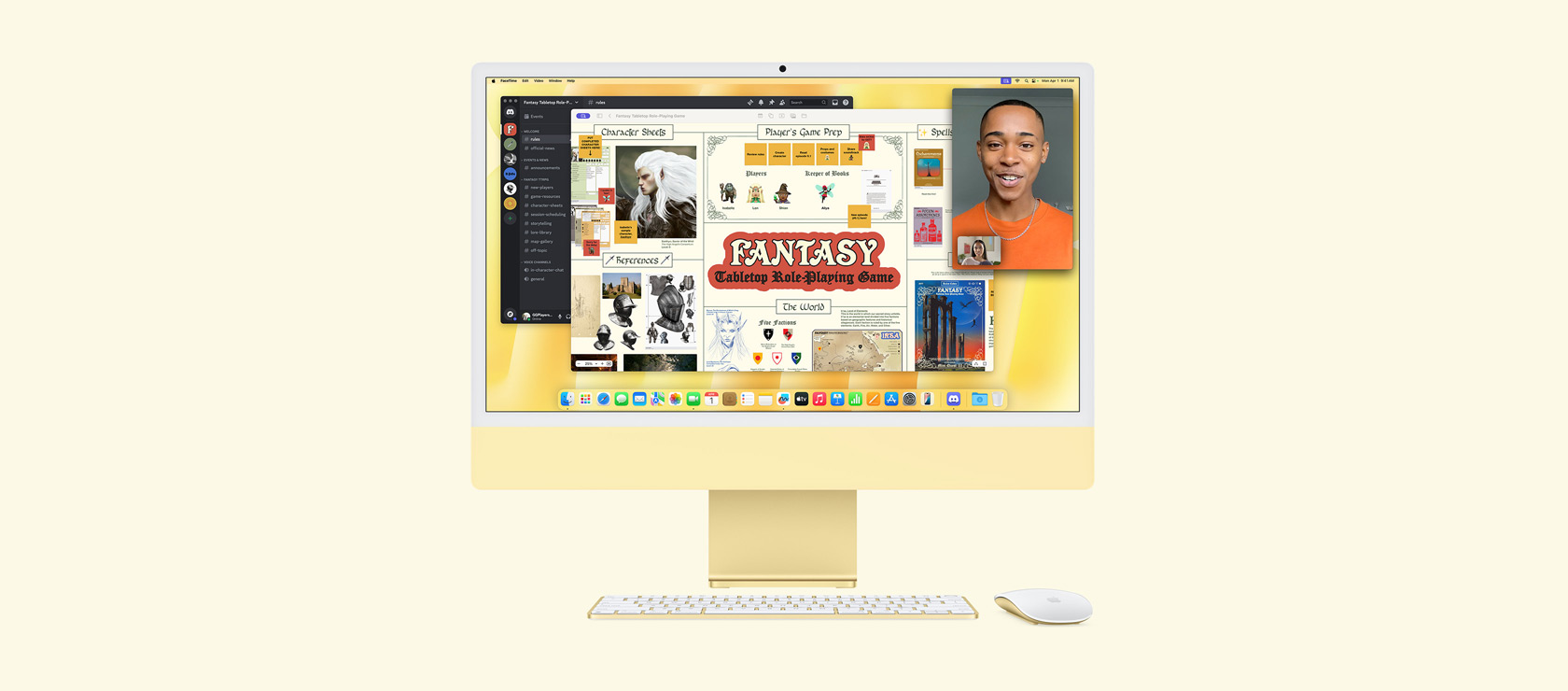 Ein iMac in Gelb. Auf dem Display werden die Freeform, Discord und FaceTime Apps gezeigt, die für eine Session eines Fantasy Tabletop Rollenspiels zusammen verwendet werden