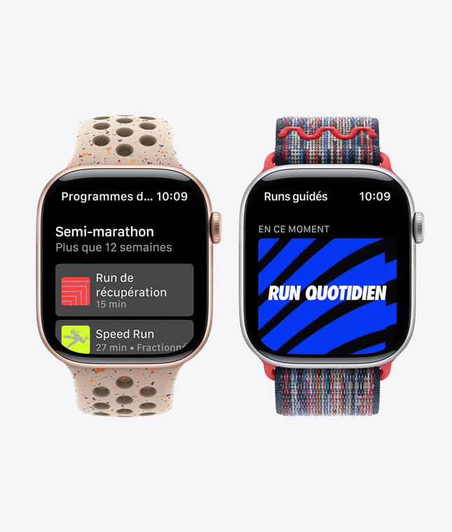 Two Apple Watch devices showing Nike Run Club features including Training Plans and Guided Runs