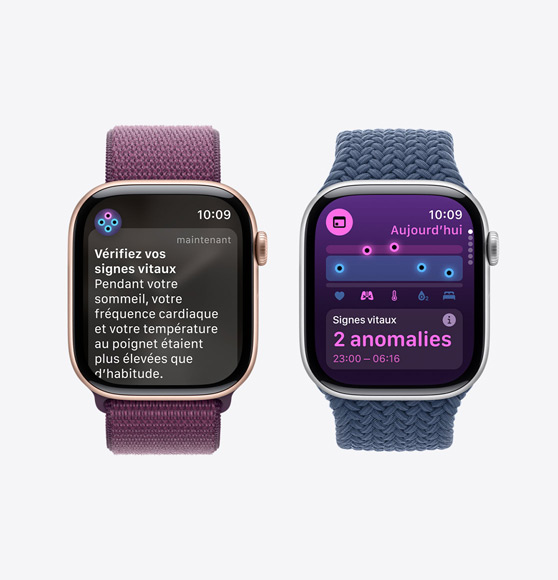 Une Apple Watch Series 10 affiche la notification « Vérifiez vos signes vitaux », et une Apple Watch Series 10 affiche l’app Signes vitaux avec la mention « 2 anomalies » pour les Signes vitaux nocturnes.